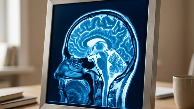 A close-up of a human brain scan lit in cool blue tones, resting in a clinical setting, conveying the physical reality behind attention and regulation