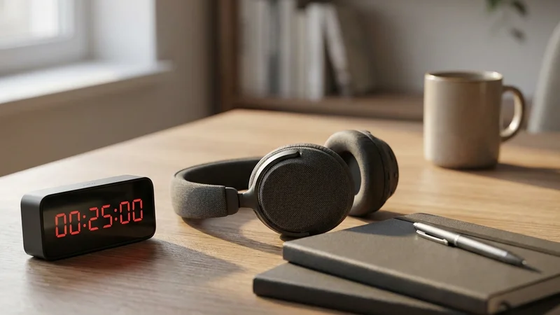 A tidy home office desk with a visual timer, closed notebook, and wireless headphones resting beside a laptop, bathed in calm morning light
