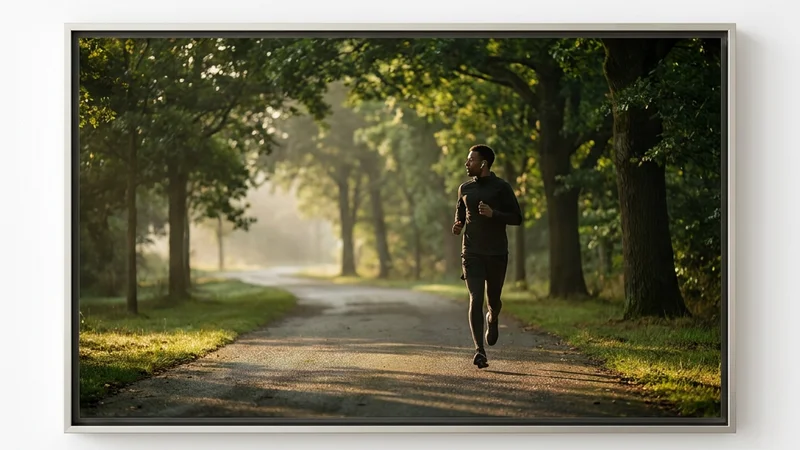 A person running alone along a quiet tree-lined path in early morning light, earbuds in, expression focused and unhurried