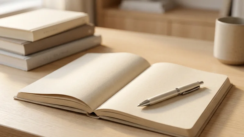 An open blank notebook and pen resting on a clean wooden desk, warm natural light falling across the pages — the first page still empty, waiting