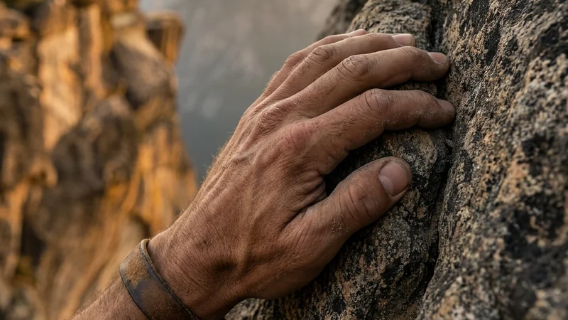 A weathered hand pressed firmly against a rough rock face, the grip deliberate and certain, golden light catching the texture of stone and skin