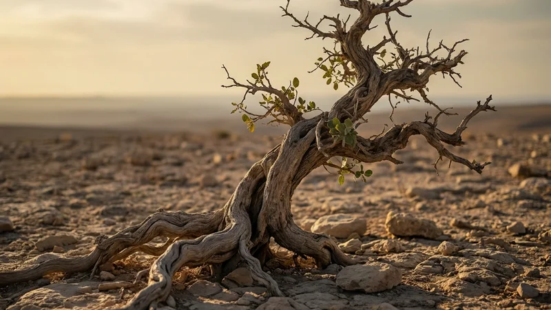 Stripped to its roots, the tree still holds — resilience lives in the structure underneath, not the conditions around it.