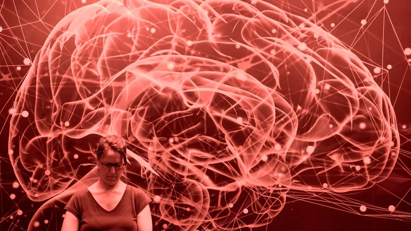Split image showing a brain scan with highlighted memory-emotion regions alongside a person sitting quietly in a sunlit room
