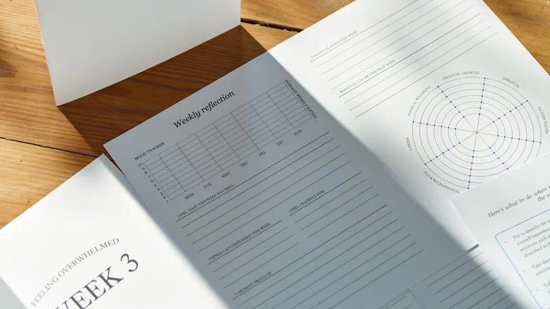 A journal open on a wooden desk with morning light, pen resting on the page, representing the daily practice of self-reflection and internal validation