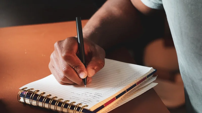 Close-up of hands writing in a journal, noting specific evidence of competence, morning light | imposter syndrome journaling evidence examination practice