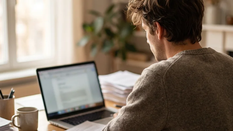 A person sitting at a desk surrounded by scattered notes and open tabs on a laptop, visibly unable to focus on any single task.