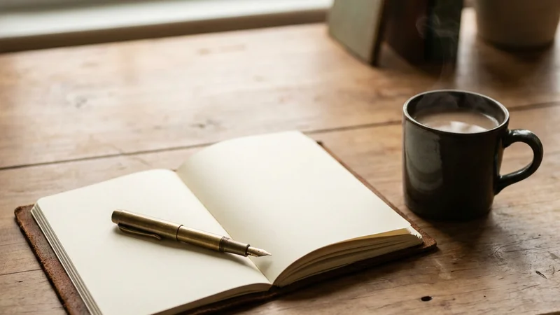 An open notebook and a pen resting on a plain wooden desk beside a ceramic mug, with no phone in sight.