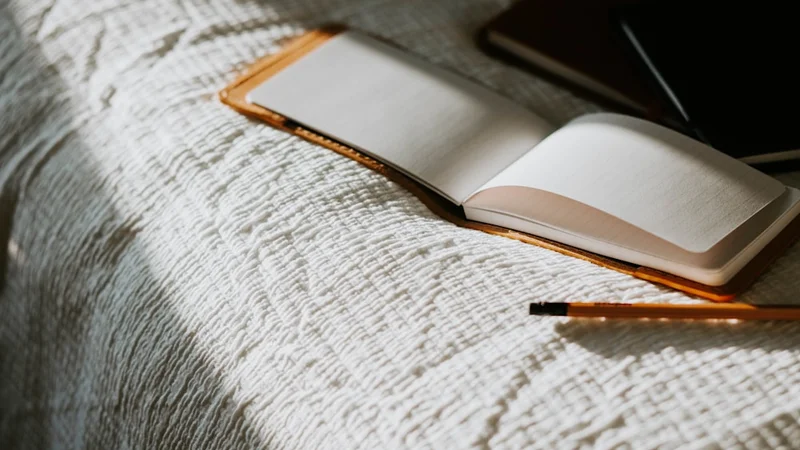Overhead view of an open notebook with handwritten notes and a pen, clean desk, concept of externalizing thoughts to gain clarity