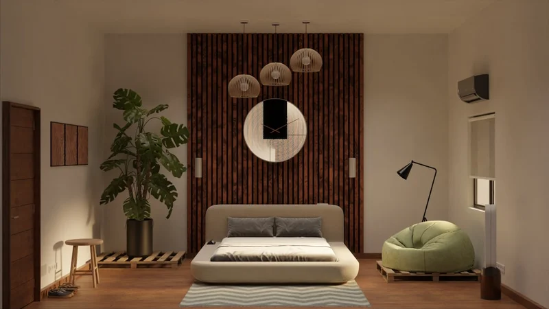 A minimalist bedroom with a book on the nightstand and a phone charging dock positioned on the opposite side of the room