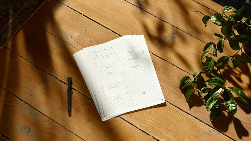 Open handwritten journal with a short list of simple goals beside a small cup of morning coffee, soft natural light on a warm wooden table