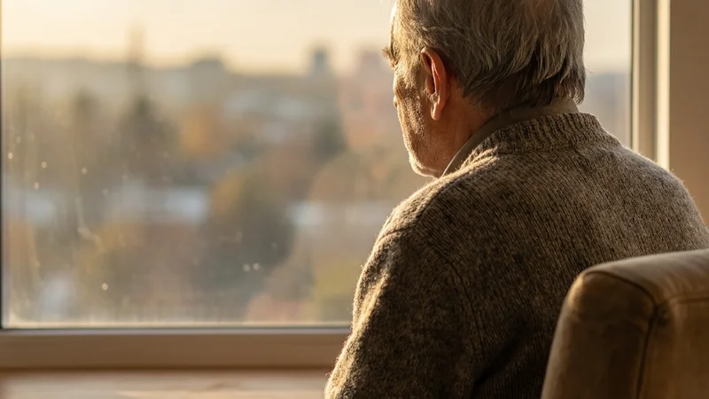An elderly person sitting by a window in late afternoon light, gazing thoughtfully into the distance with a quiet sense of reflection