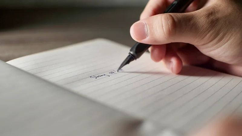 Close-up of hands writing in a notebook with visible ink and paper texture, warm natural lighting — authentic imperfection contrasting with digital polish