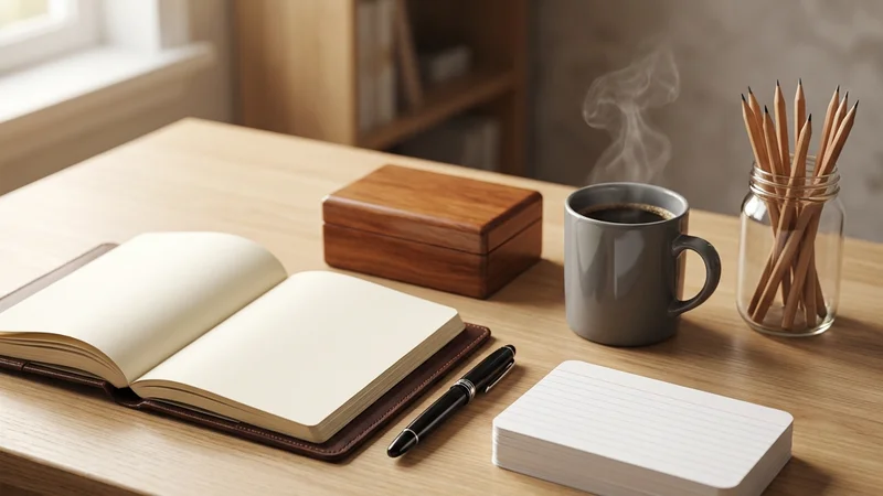 clean desk with open decision journal notebook, a small stack of index cards with handwritten model names, and two books on thinking — soft natural light