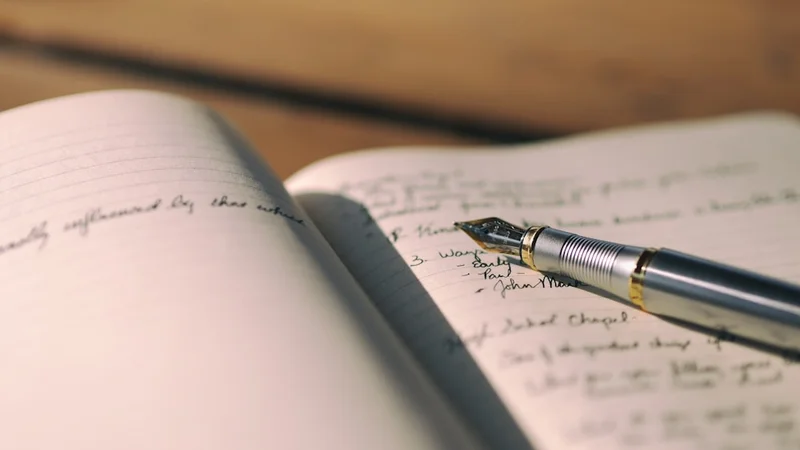 Open journal and pen on a clean desk in warm morning light, calm and purposeful atmosphere